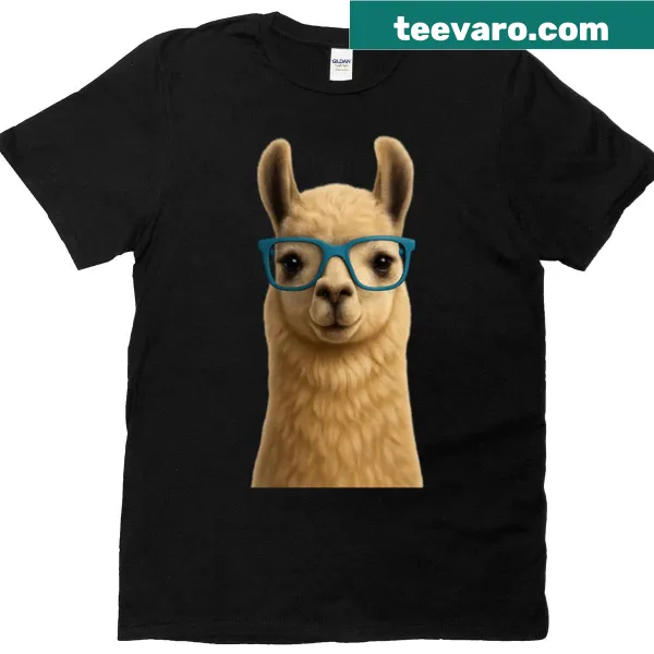 Realistic llama wearing blue glasses on a T-shirt