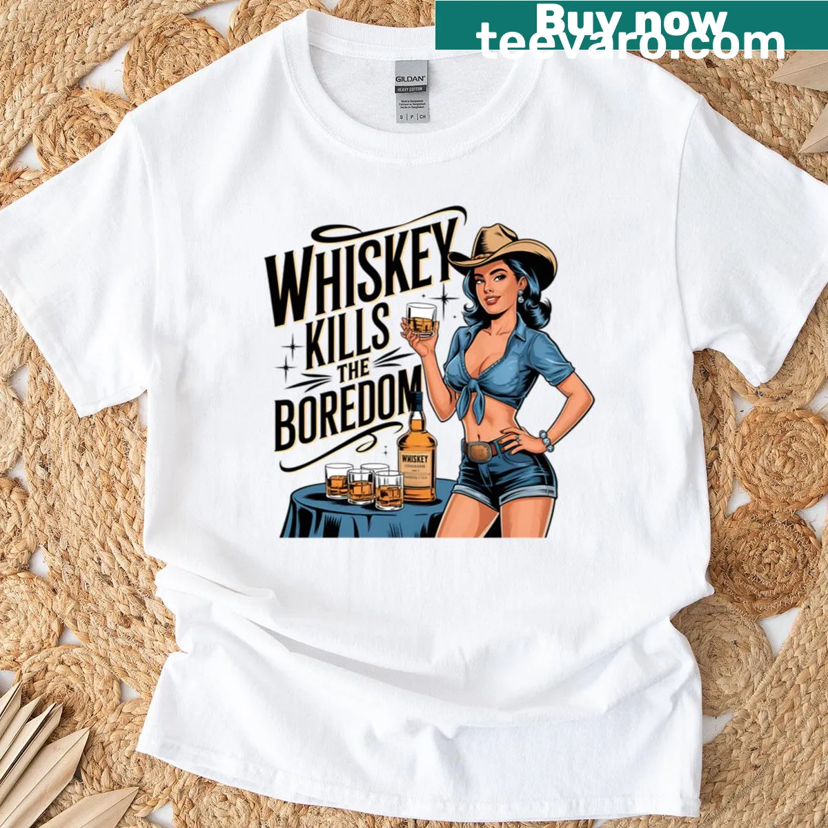Retro cowgirl whiskey poster graphic on a T-shirt. — on a men's t-shirt