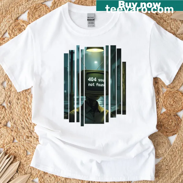 Retro graphic of a CRT monitor with '404 Soul Not Found' on a T-shirt.