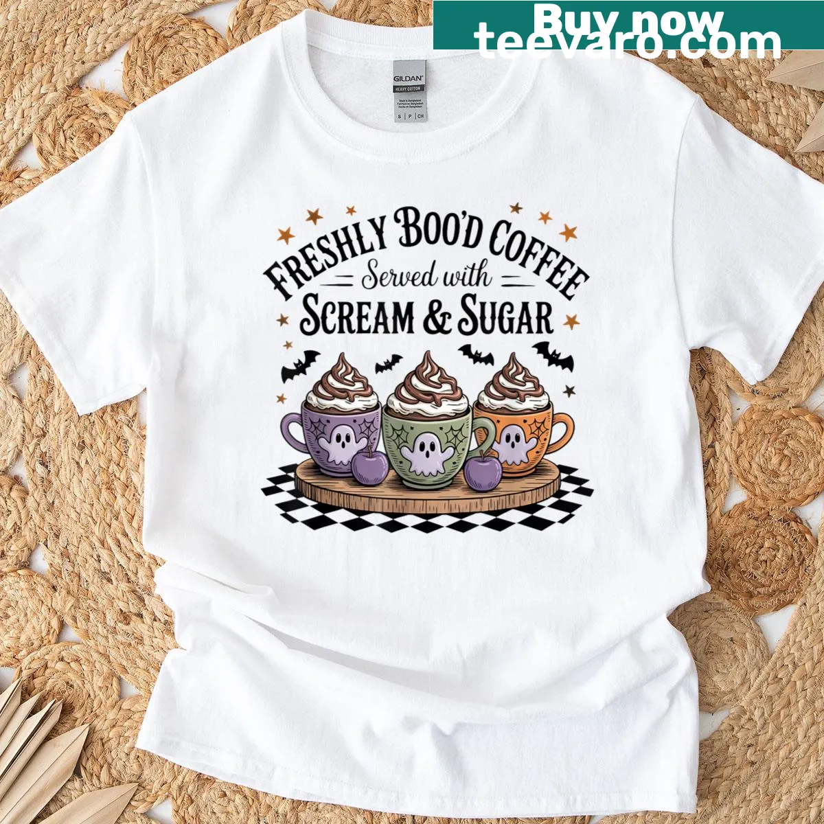 T-shirt featuring a ghost enjoying coffee for Halloween. — on a men's t-shirt