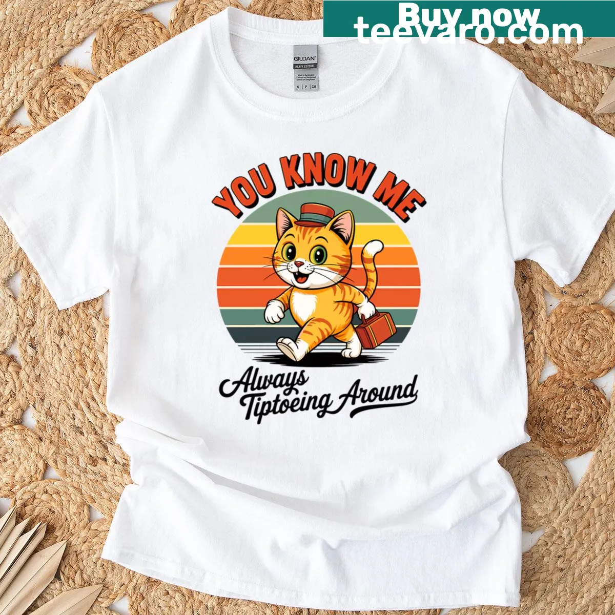 Oversized T-shirt featuring a cartoon cat with a suitcase and sunset — on a men's t-shirt