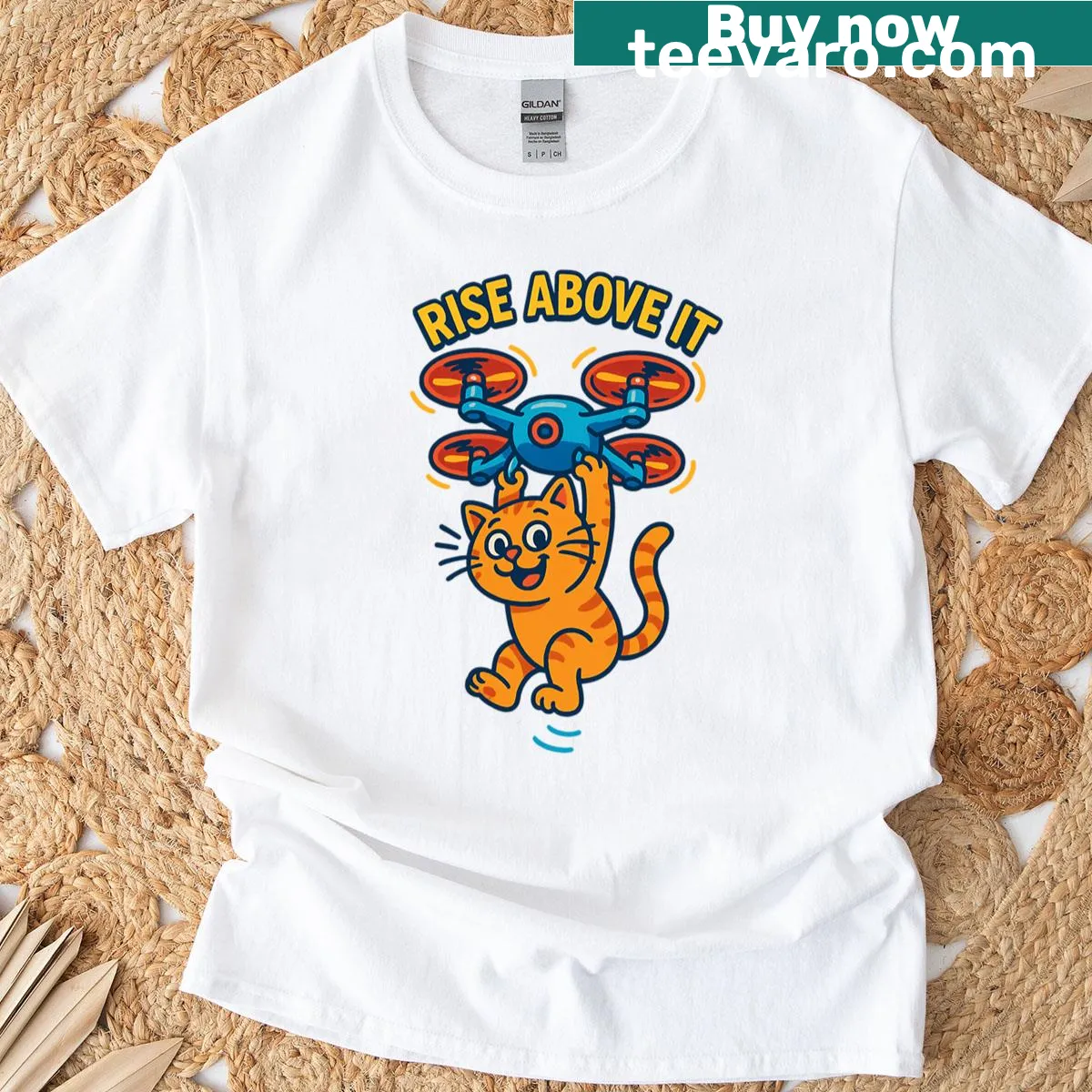Flying cat illustration with the text 'Rise Above It' on a T-shirt — on a men's t-shirt