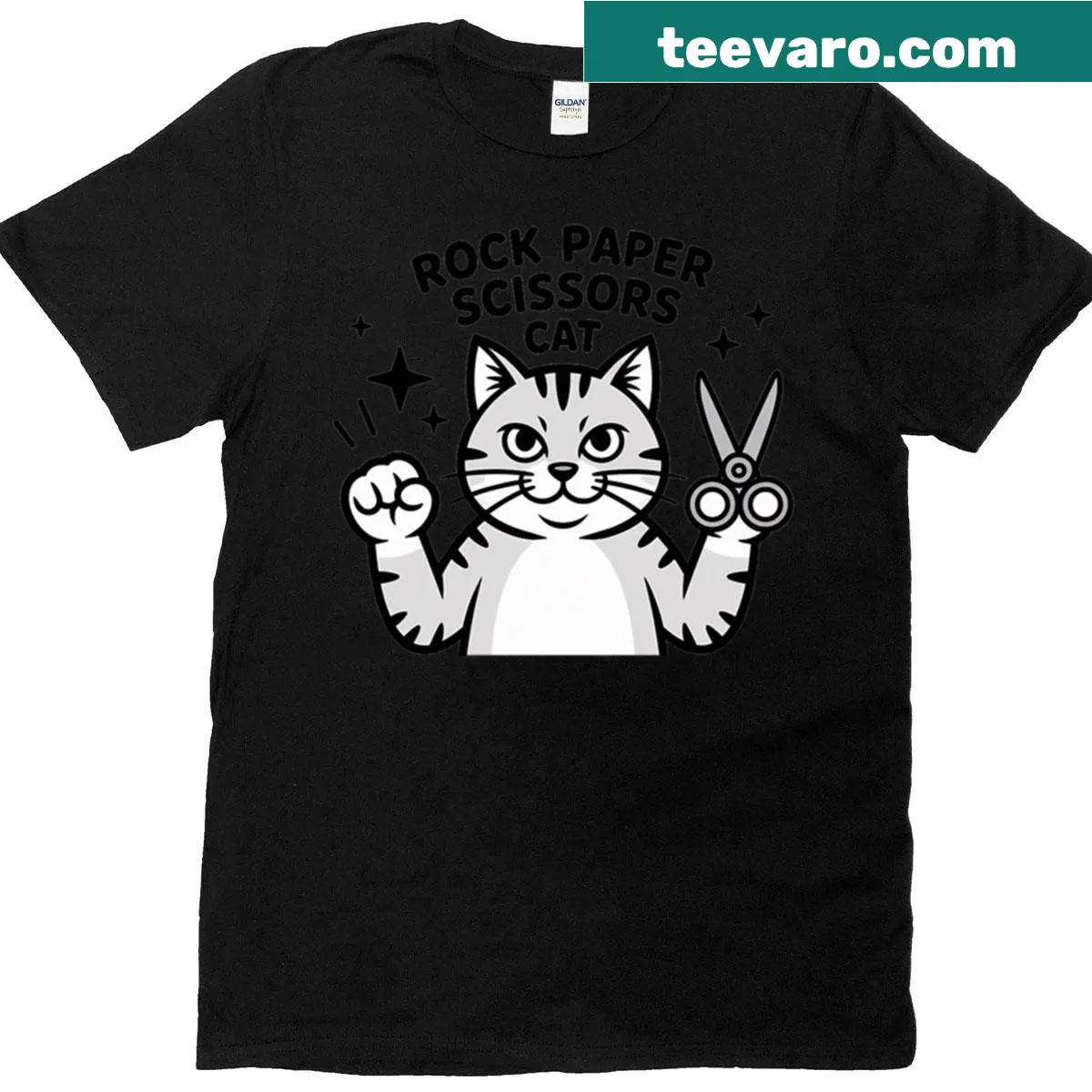 Oversized T-shirt featuring a funny cat meme with rock paper scissors theme — on a men's t-shirt