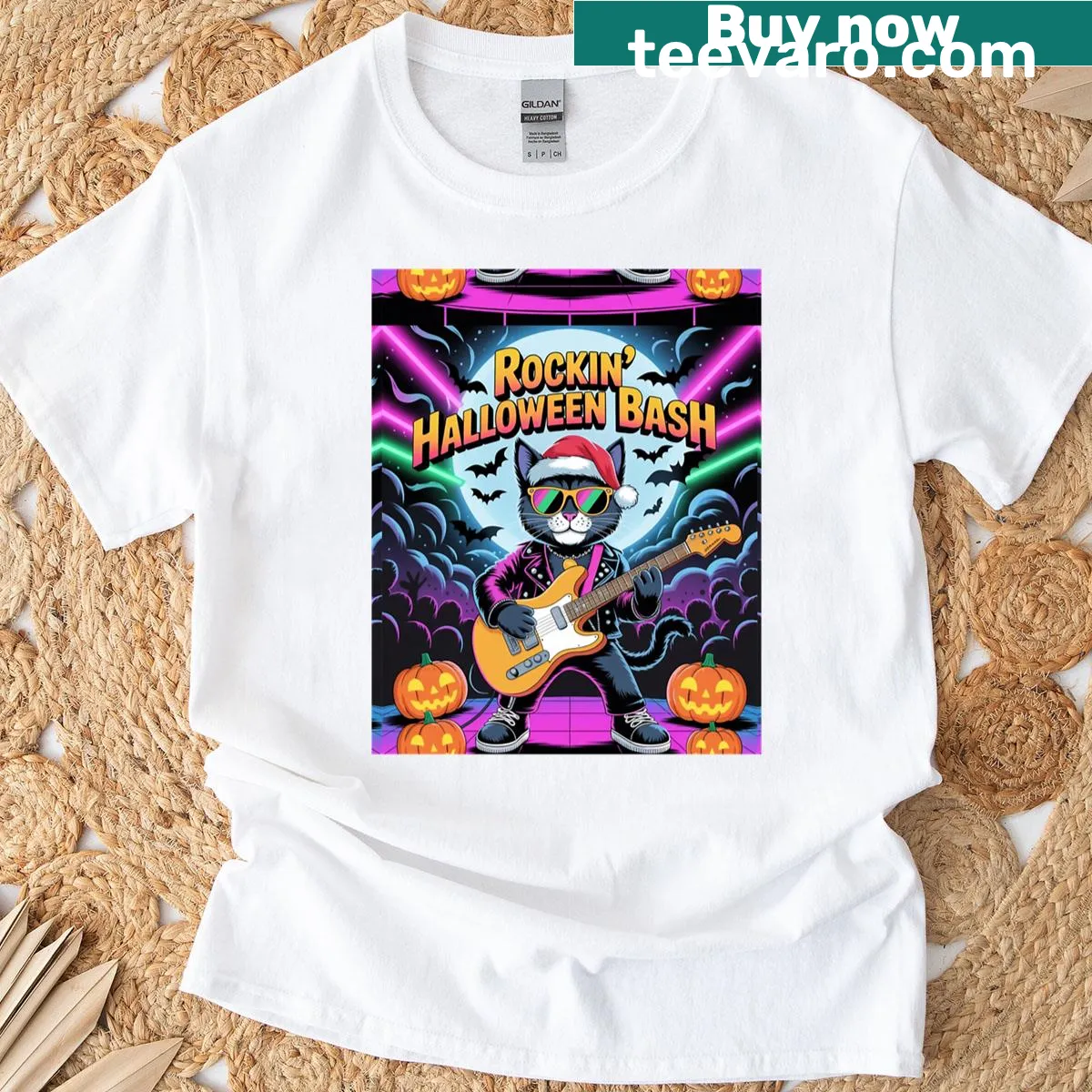 Rockstar cat with Santa accessories in a Halloween-themed T-shirt — on a men's t-shirt