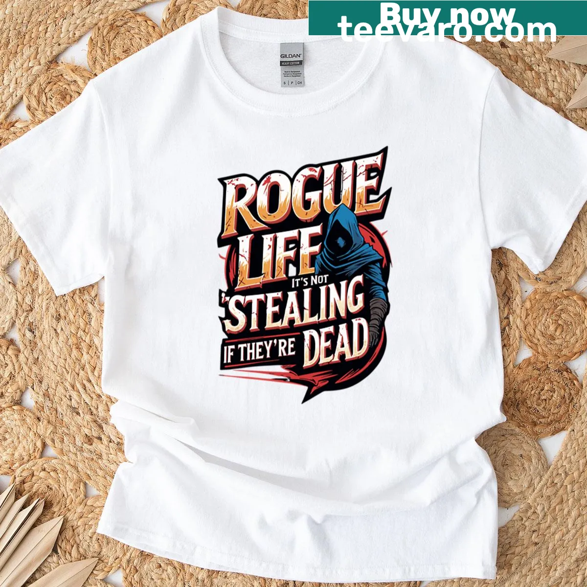 Edgy text saying 'It's Not Stealing If They're Dead' on a T-shirt — on a men's t-shirt