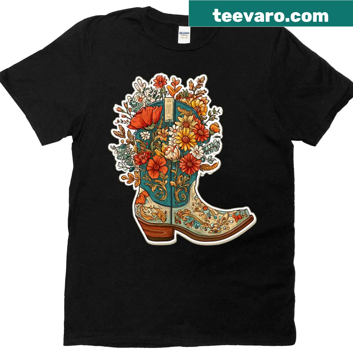 Illustrated cowboy boot T-shirt with the phrase 'Rootin For Myself' — on a men's t-shirt