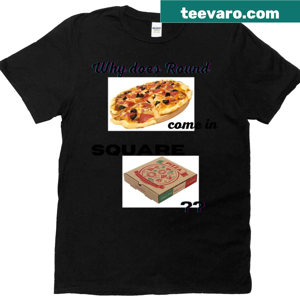 Illustration of a round pizza in a square box on an oversized t-shirt — on a men's t-shirt