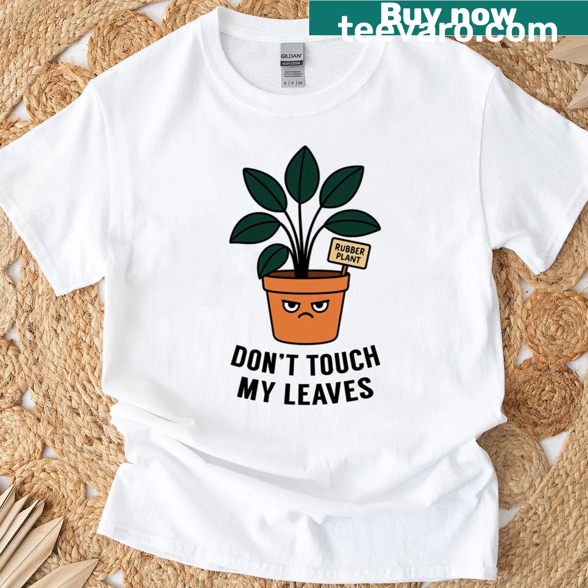 Funny T-shirt with a rubber plant and 'Don't Touch My Leaves' text — on a men's t-shirt