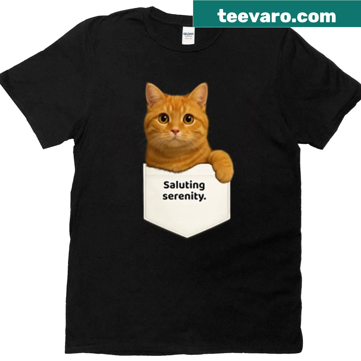 Minimalist cat illustration on a pocket T-shirt promoting calm living — on a men's t-shirt