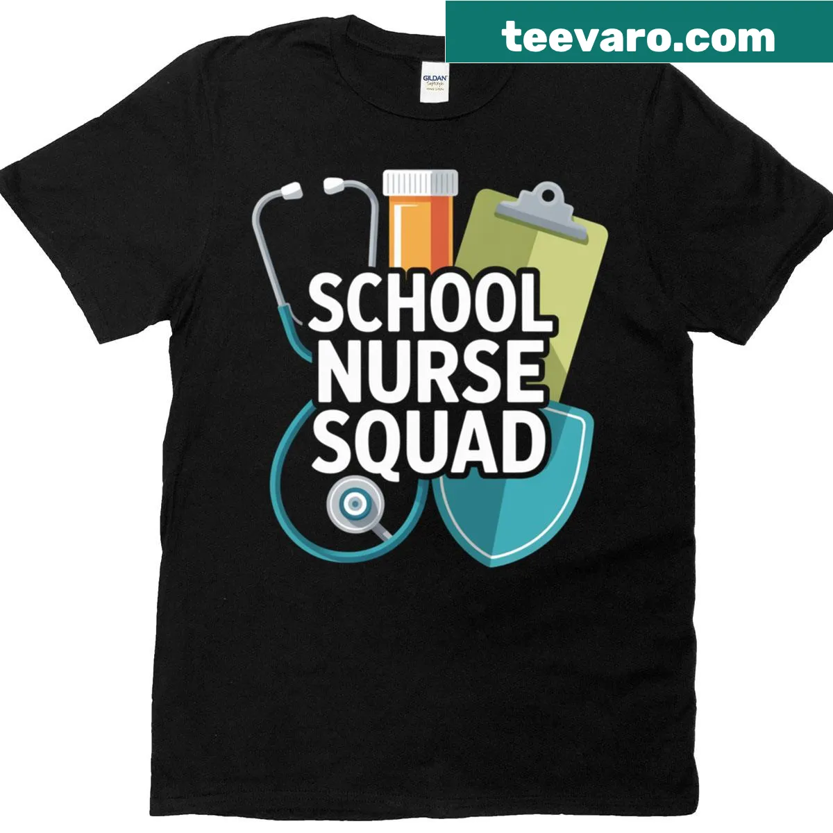 Funny School Nurse Squad t-shirt with playful illustration — on a men's t-shirt