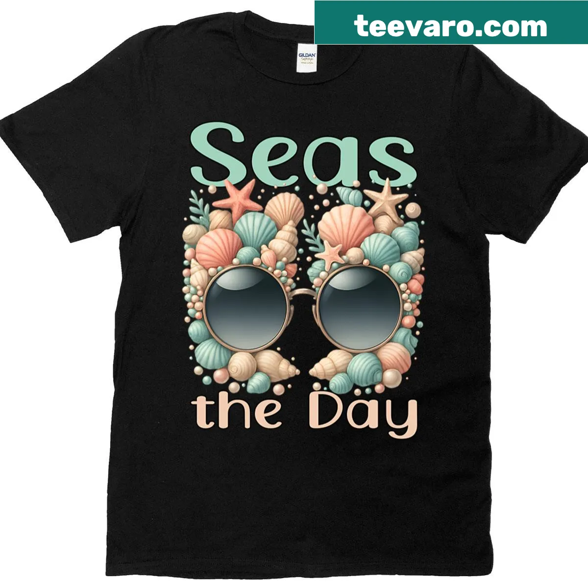 Beach-themed t-shirt with seashells and sunglasses illustration — on a men's t-shirt