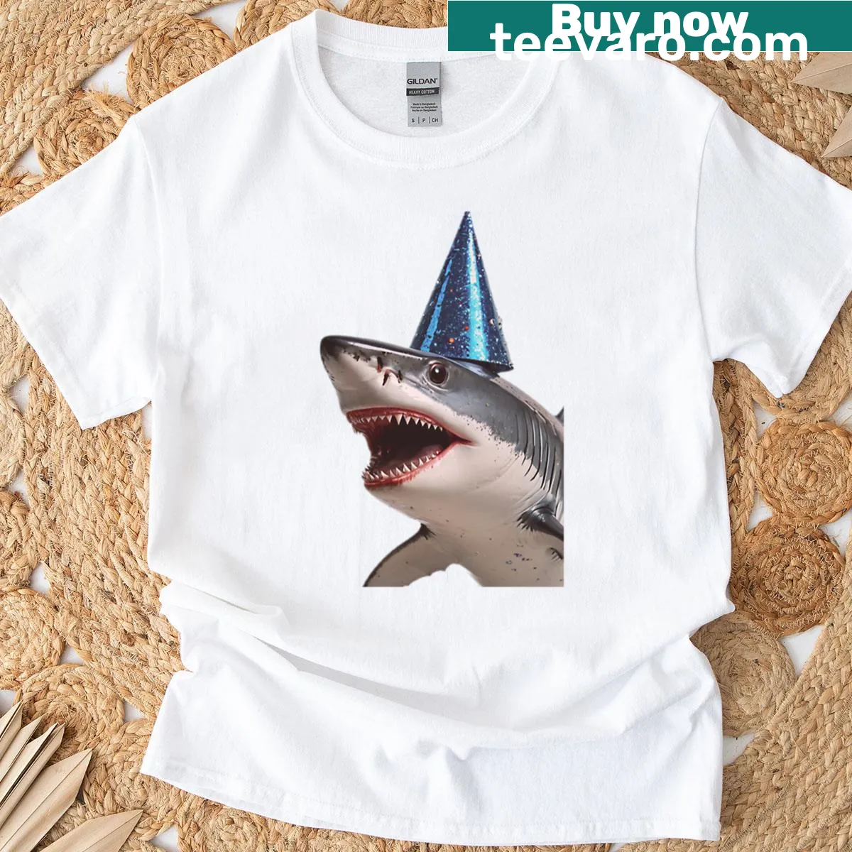 Cute shark birthday T-shirt with party hat and balloons — on a men's t-shirt