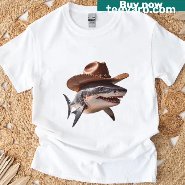 Cute oversized shark in a cowboy hat with balloons for kids
