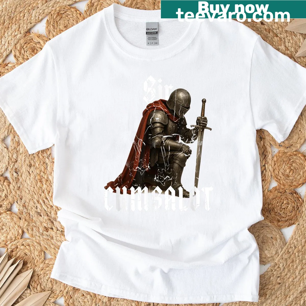 Sarcastic knight meme t-shirt with funny text — on a men's t-shirt