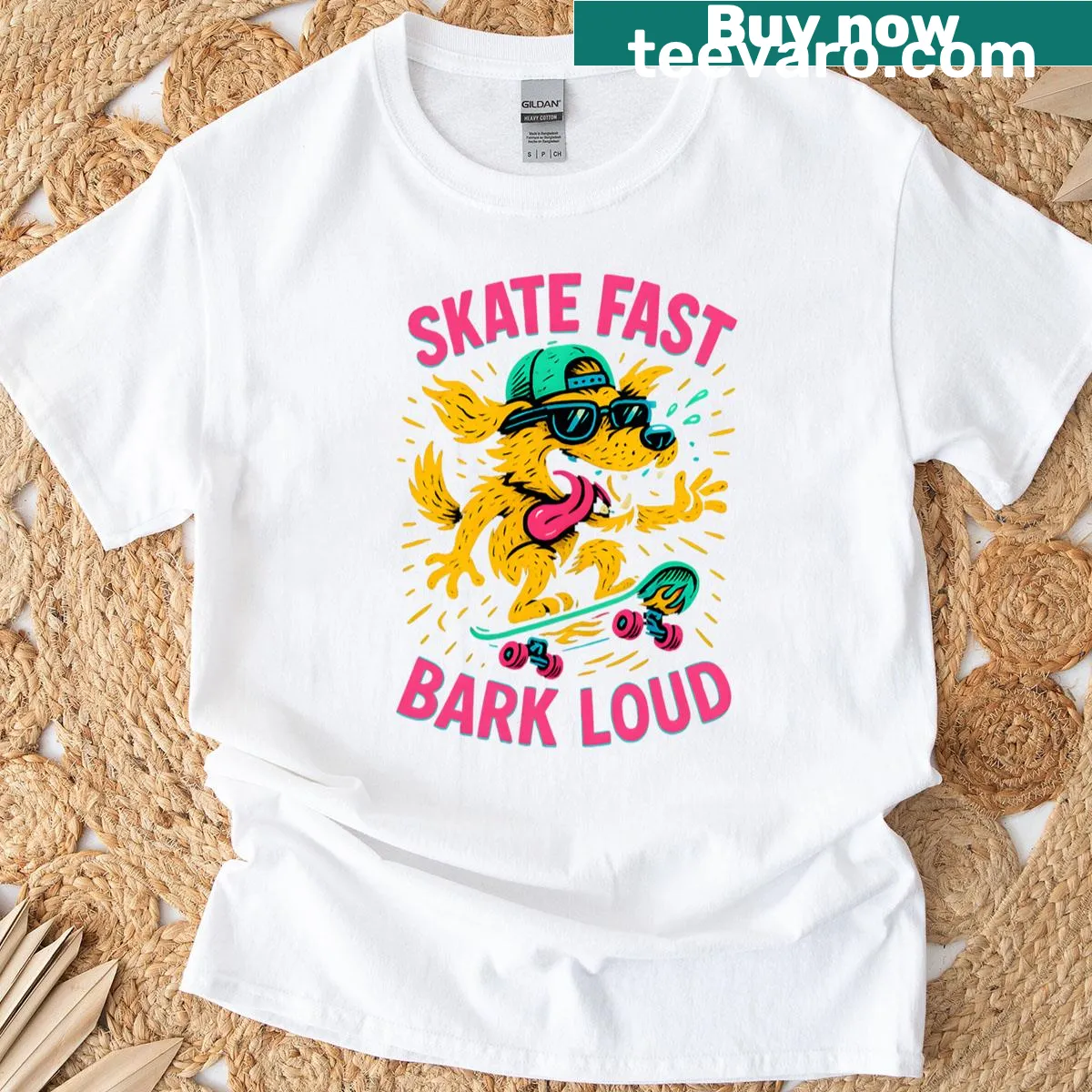 Playful oversized t-shirt with Skate Fast Bark Loud slogan for dog lovers — on a men's t-shirt