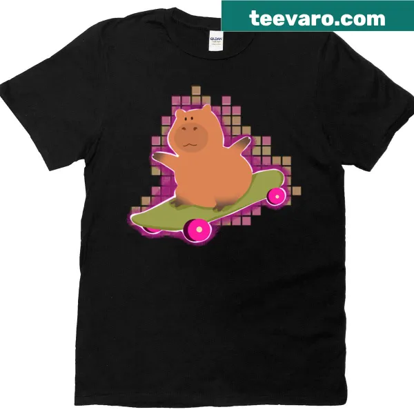Cartoon capybara skateboarding in a fun design