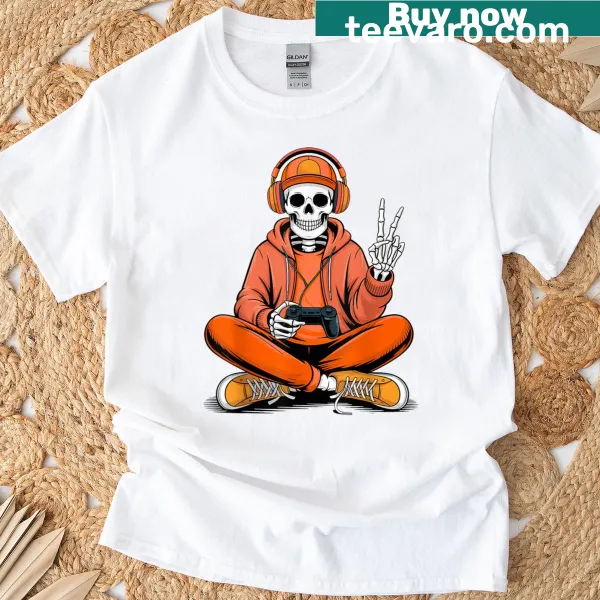Halloween skeleton gamer t-shirt with playful illustration for gamers