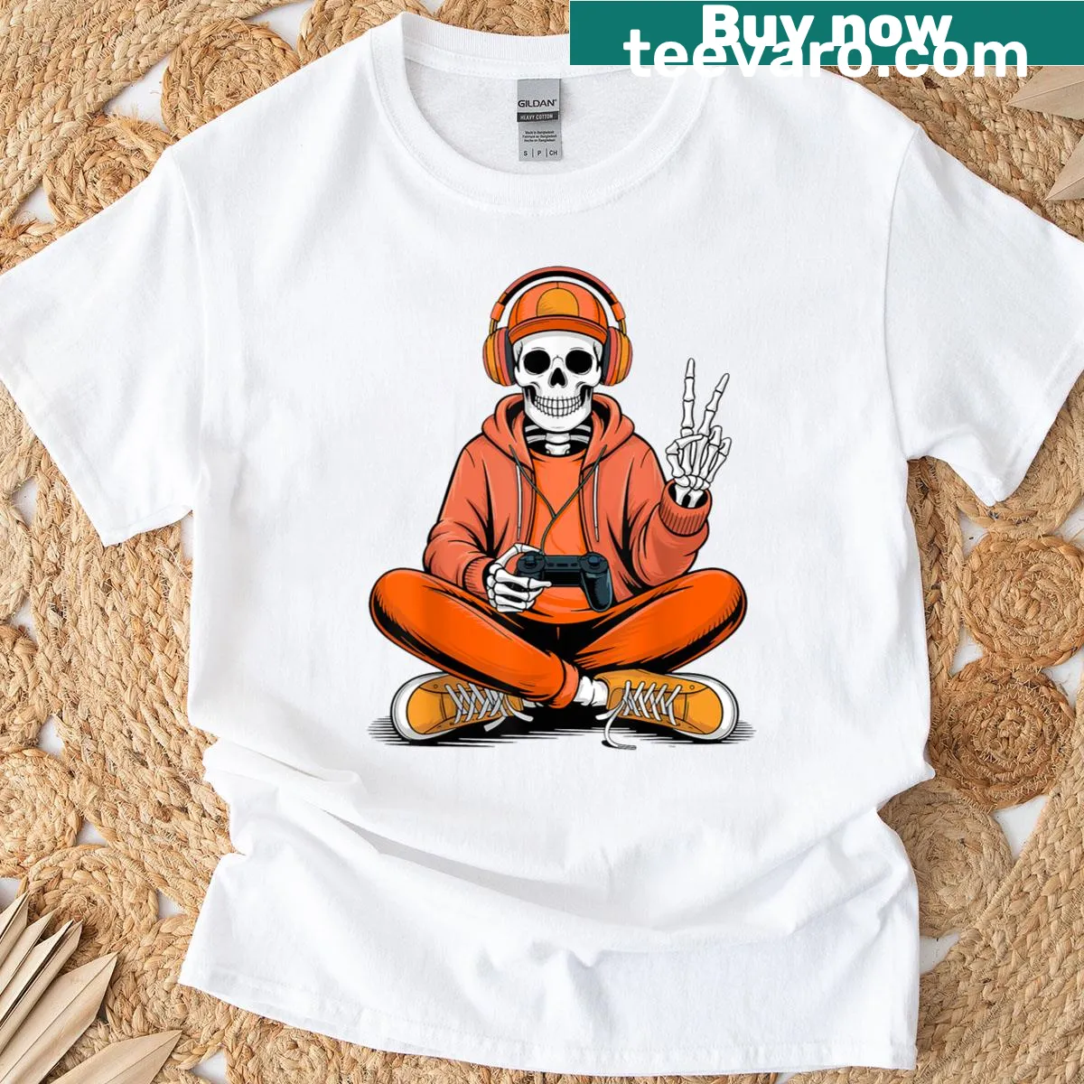 Halloween skeleton gamer t-shirt with playful illustration for gamers — on a men's t-shirt