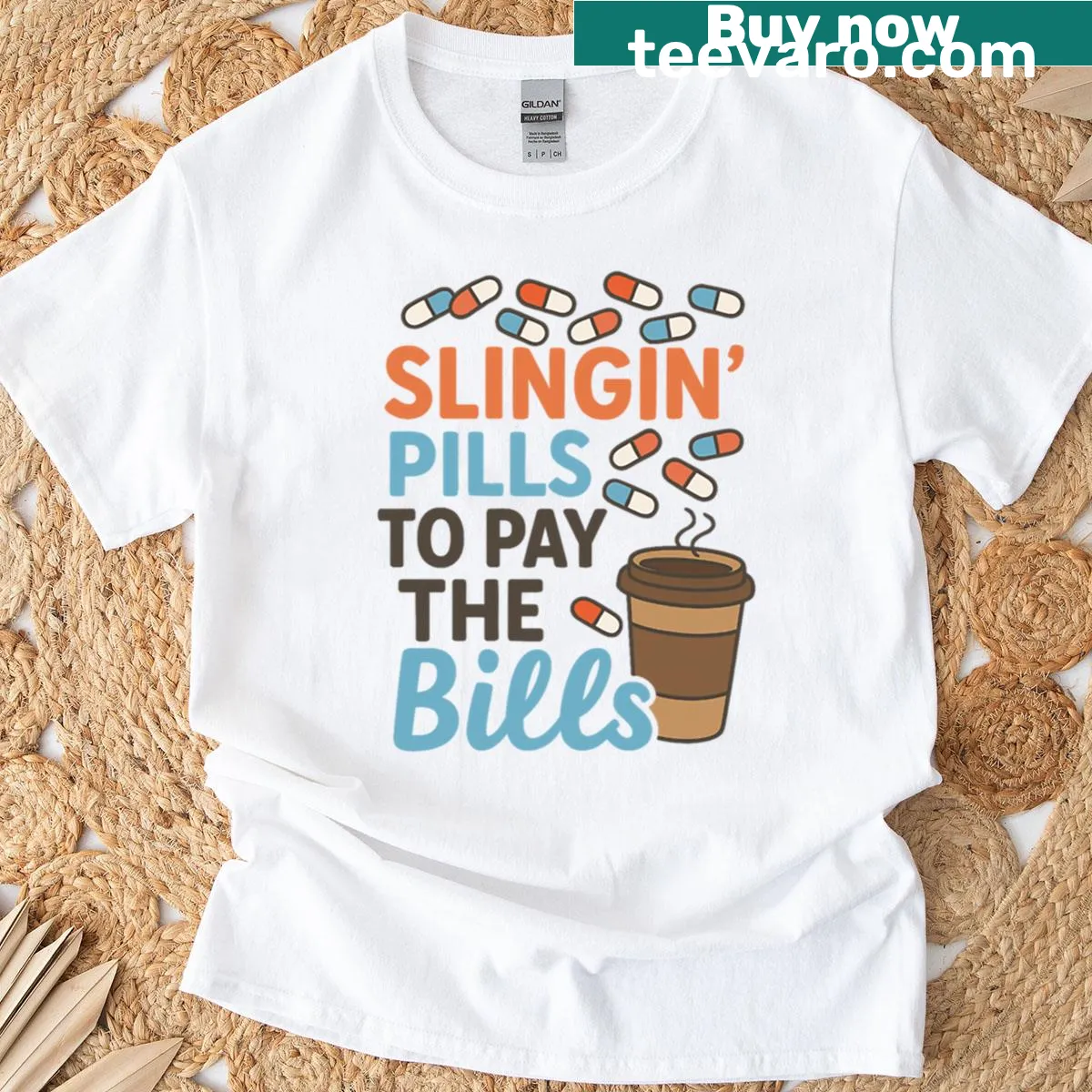 Oversized pharmacist t-shirt with humorous slingin pills slogan — on a men's t-shirt