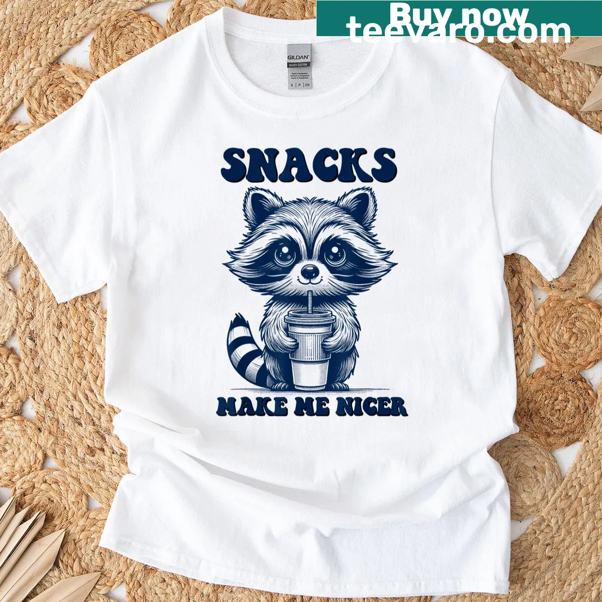 Funny T-shirt with raccoon graphic and snack saying — on a men's t-shirt