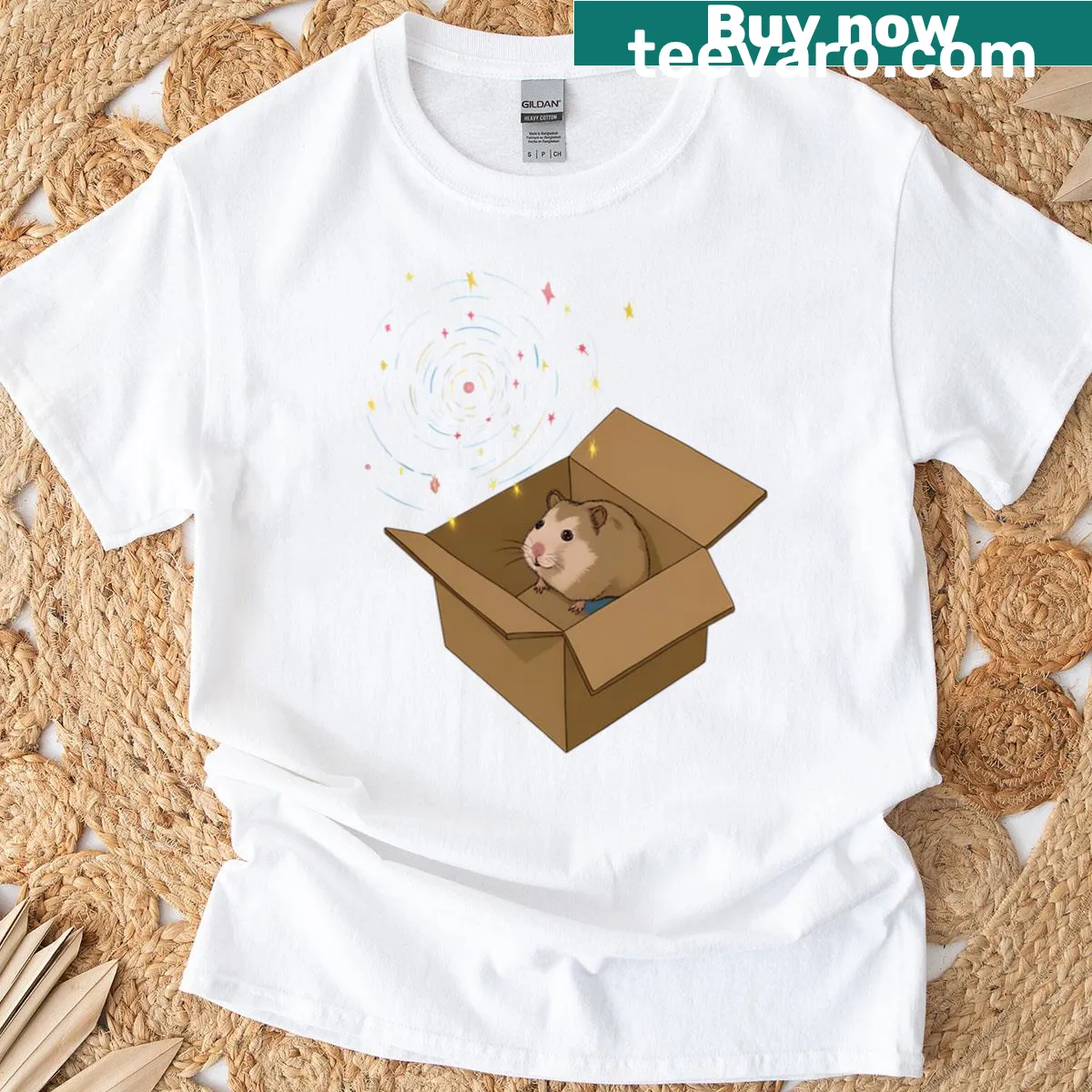 Oversized t-shirt with a cartoon of a hamster in a rocket box — on a men's t-shirt