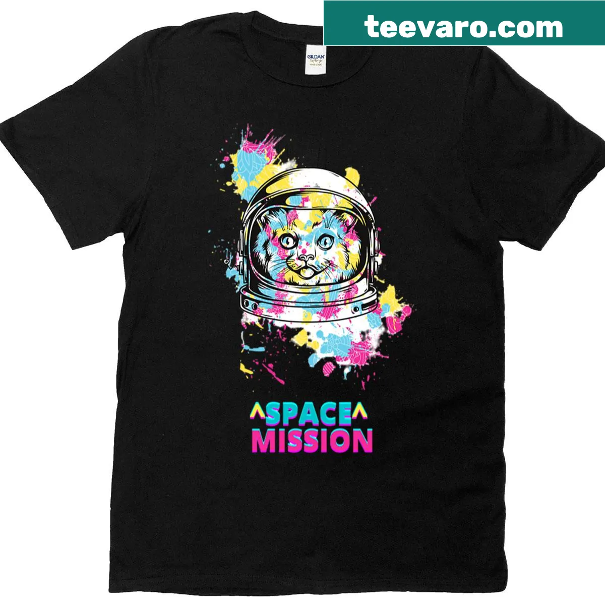 Astronaut cat floating in space design on T-shirt — on a men's t-shirt
