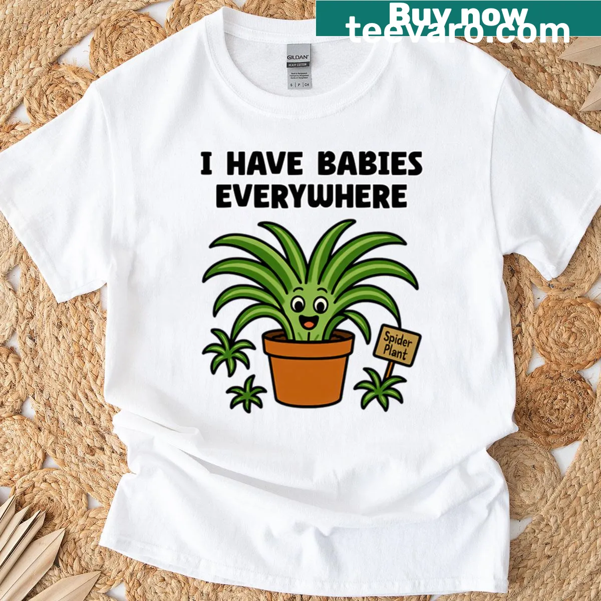 Funny t-shirt with a spider plant character and the phrase 'I Have Babies Everywhere' — on a men's t-shirt