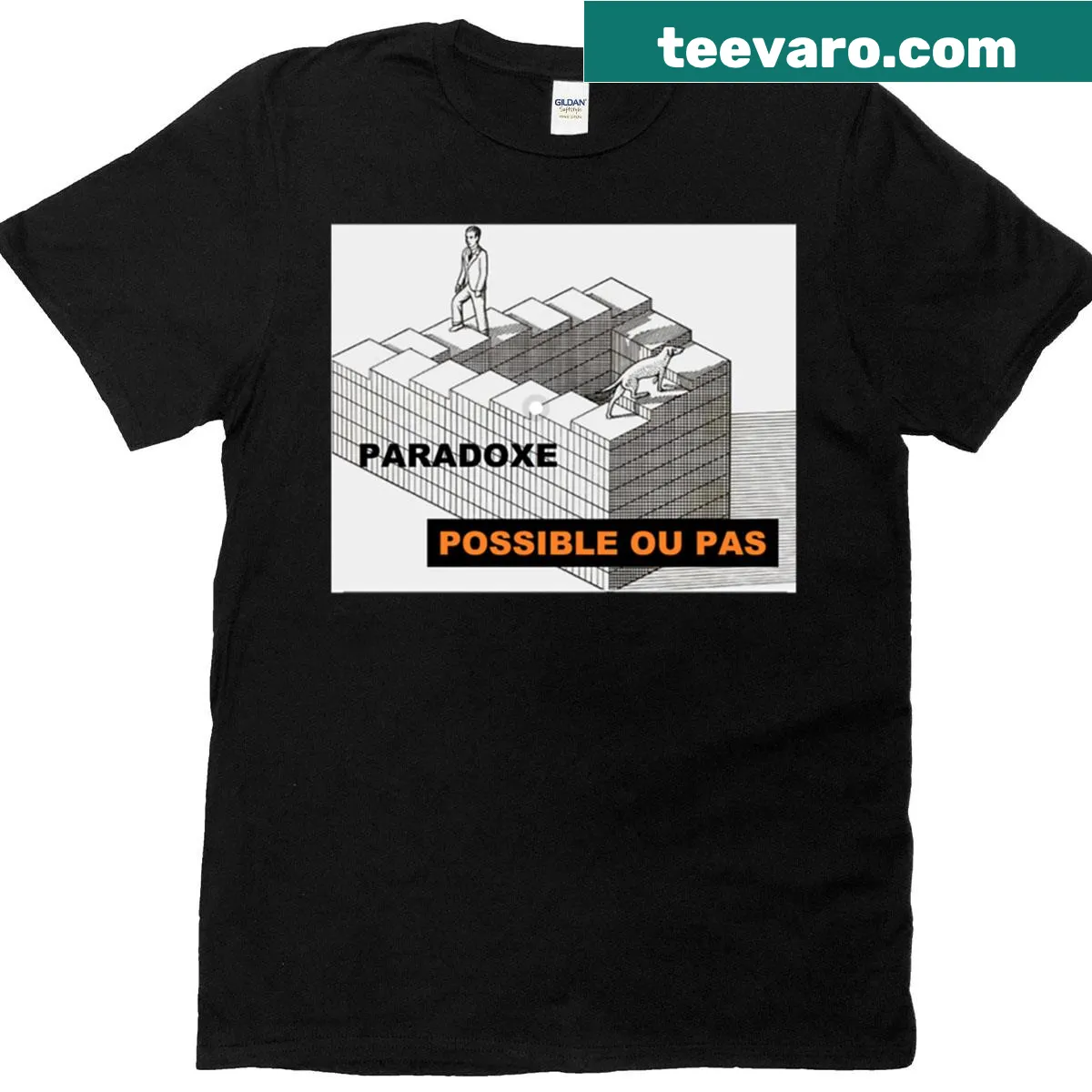 Illustration of a staircase paradox for a unique T-shirt — on a men's t-shirt