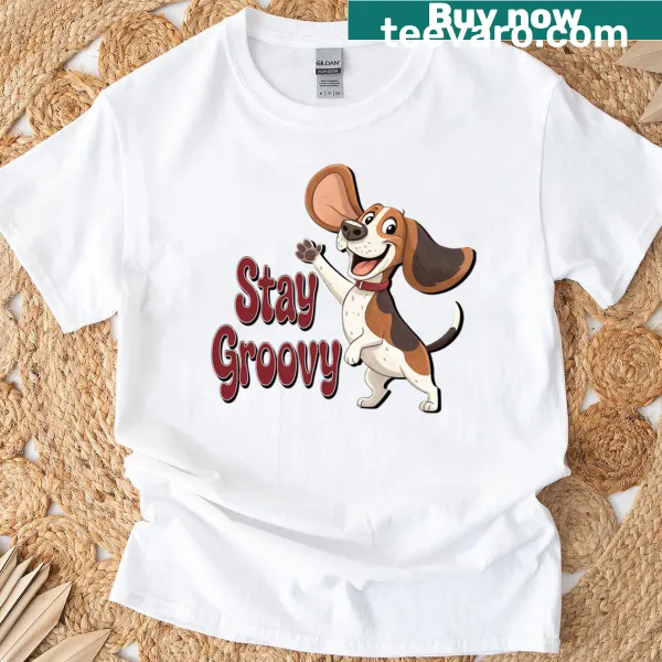 Oversized t-shirt with 'Stay Groovy' text and cute beagle design