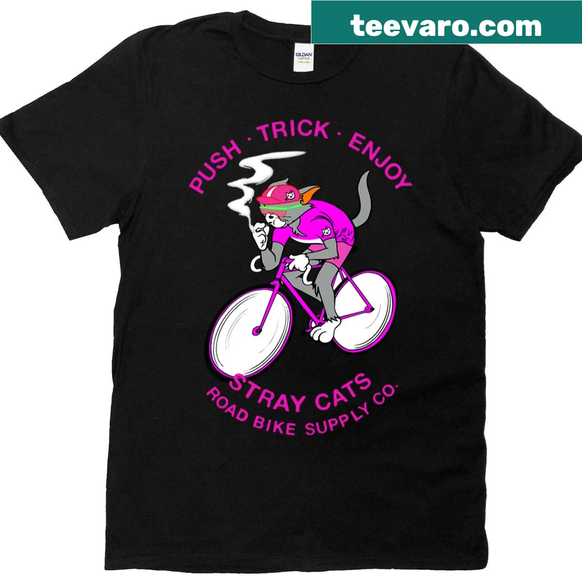 A T-shirt with a cat riding a bike graphic, perfect for cat lovers and cyclists — on a men's t-shirt