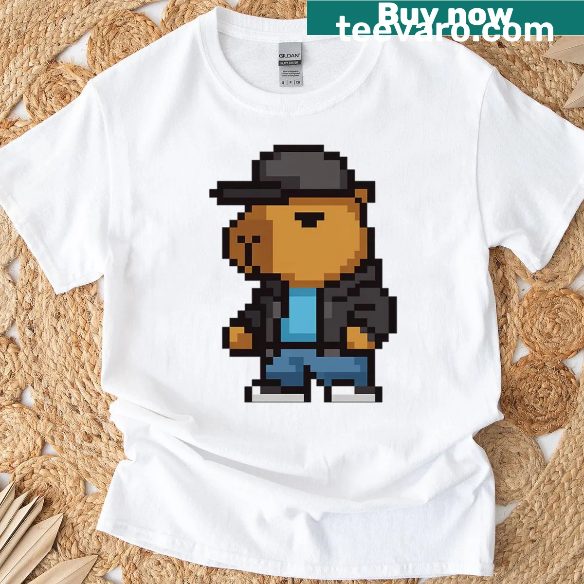 Stylish t-shirt featuring a capybara illustration with a streetwear vibe — on a men's t-shirt