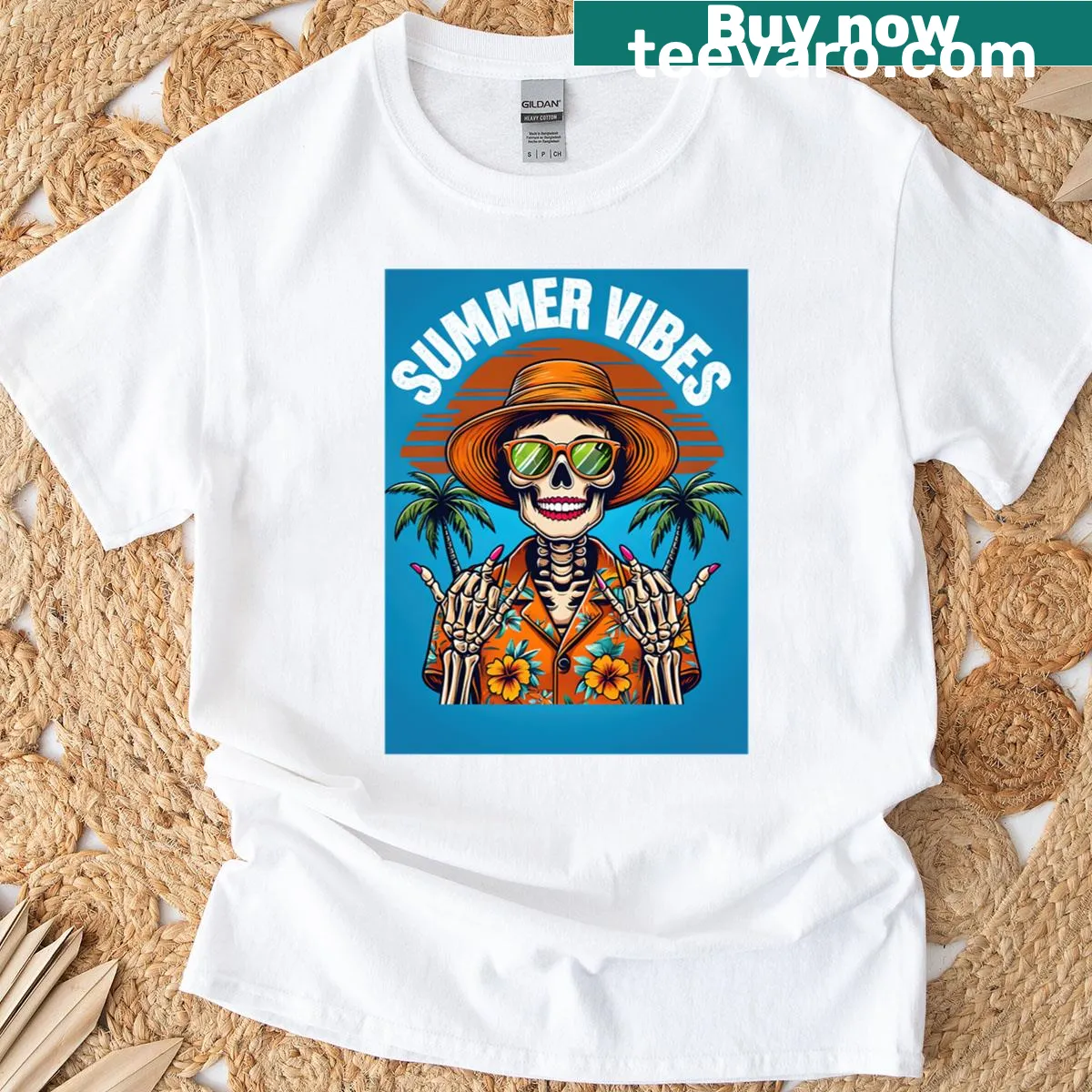 Tropical skull girl summer-themed shirt with playful skeleton design — on a men's t-shirt