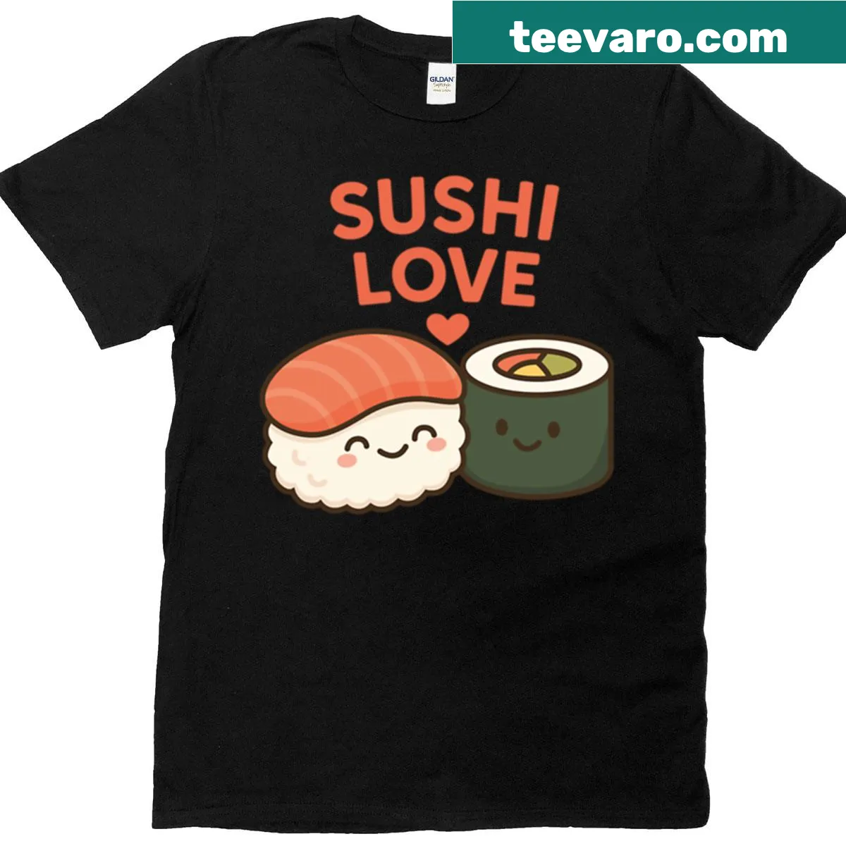 A T-shirt featuring a charming sushi graphic, ideal for sushi lovers — on a men's t-shirt