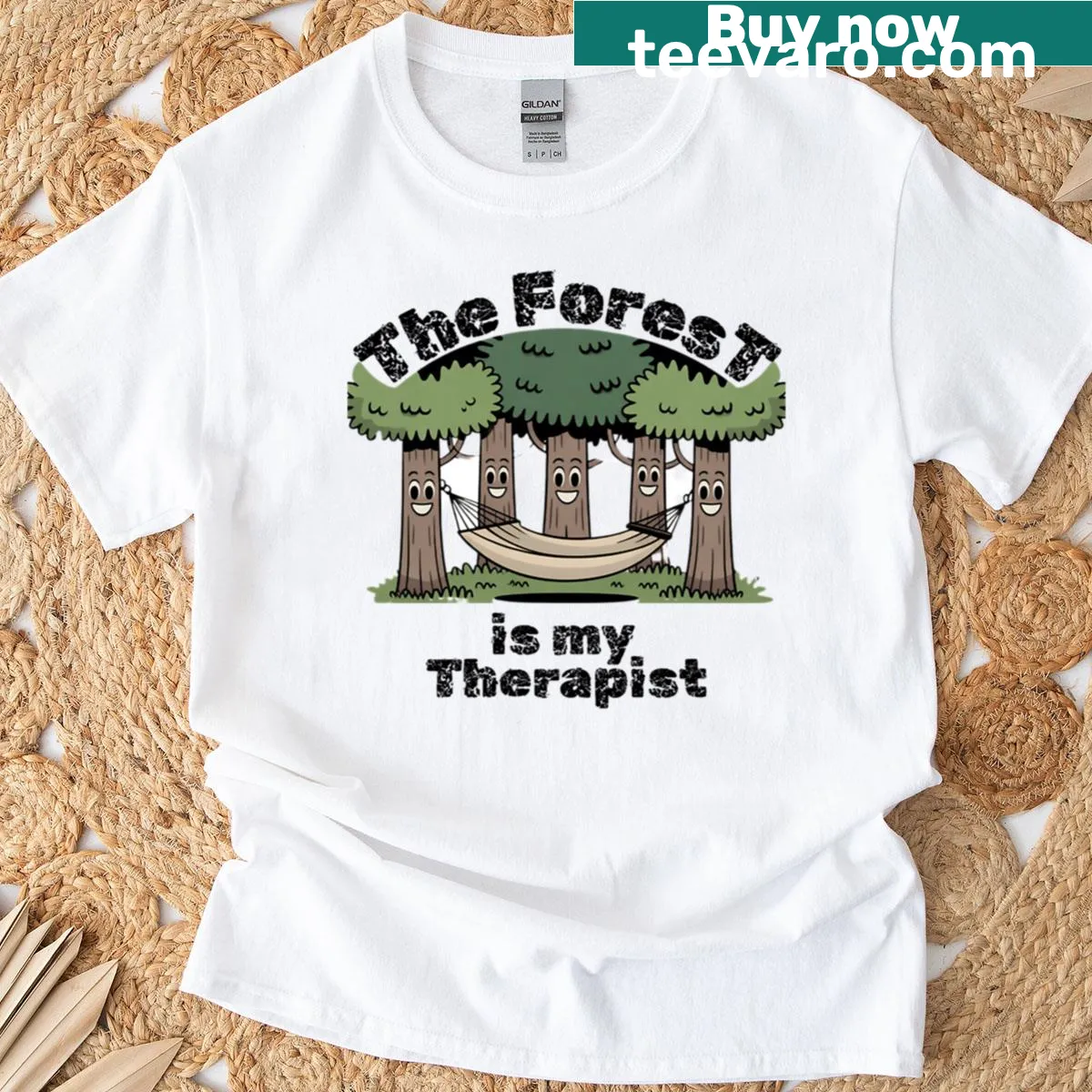 Funny hiking t-shirt with the phrase 'The Forest Is My Therapist' — on a men's t-shirt