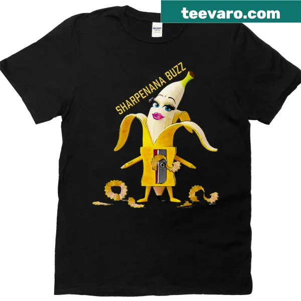 T-shirt featuring a comical sharpened banana graphic with playful text