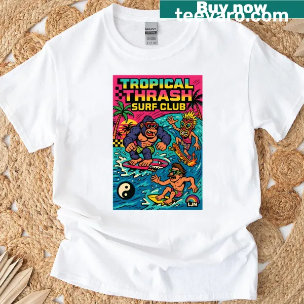 Vintage surf club graphic featuring surfboards and waves