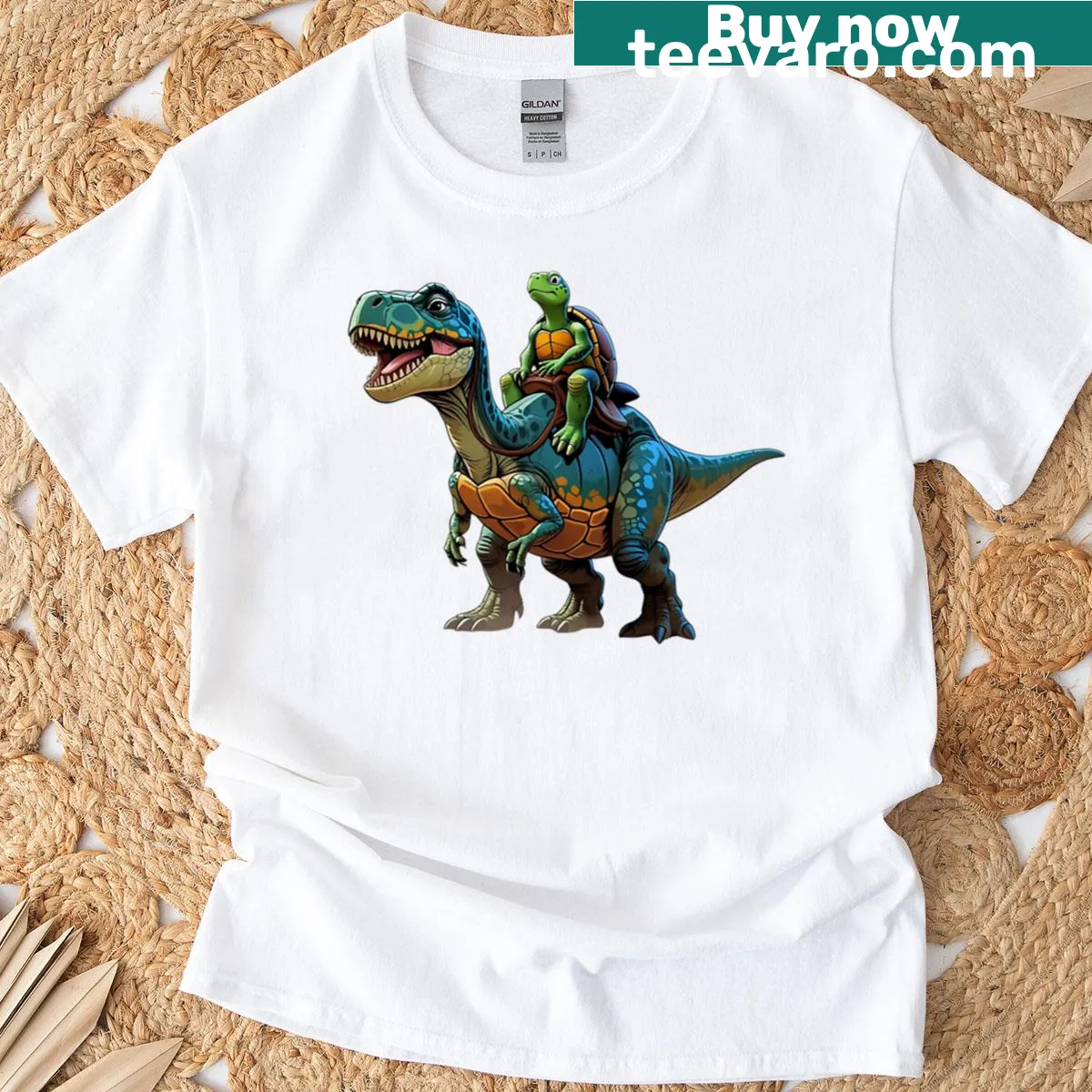 Cute illustration of a turtle riding a dinosaur — on a men's t-shirt