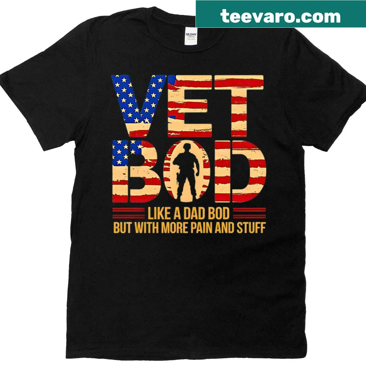 Funny t-shirt for veterans with 'Vet Bod' humor text design — on a men's t-shirt
