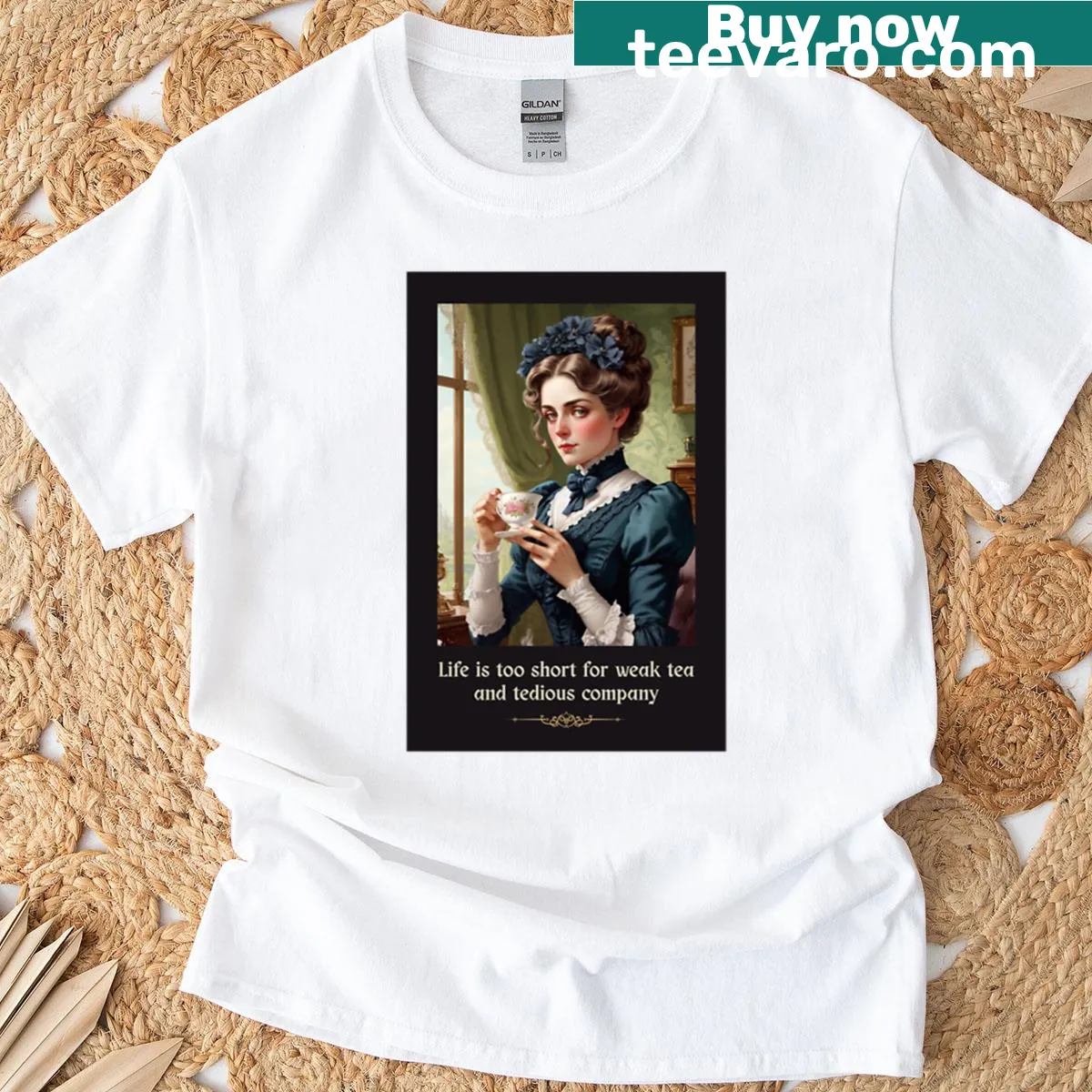 Gothic typography T-shirt with a tea quote — on a men's t-shirt