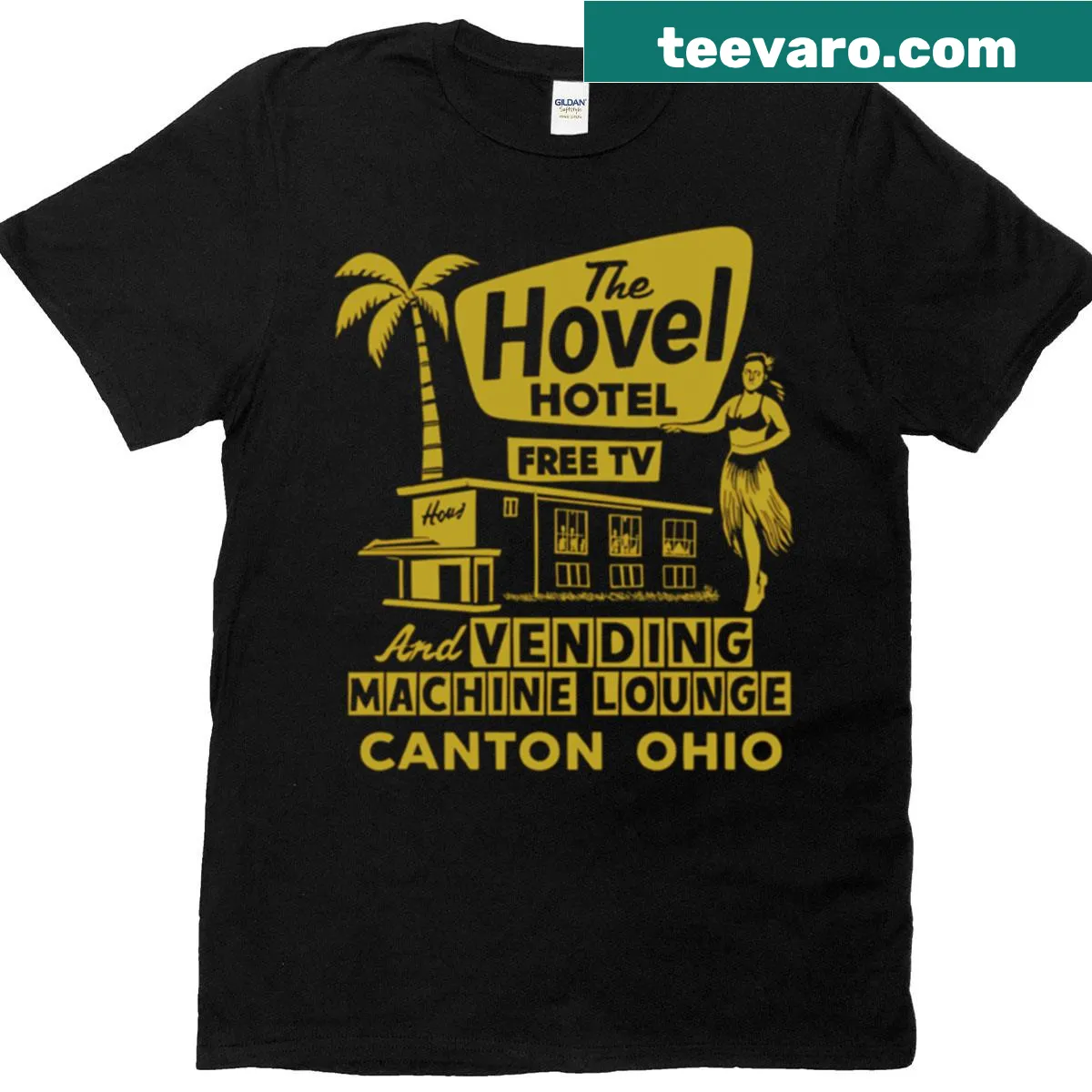 Vintage-style T-shirt featuring a retro motel graphic design — on a men's t-shirt