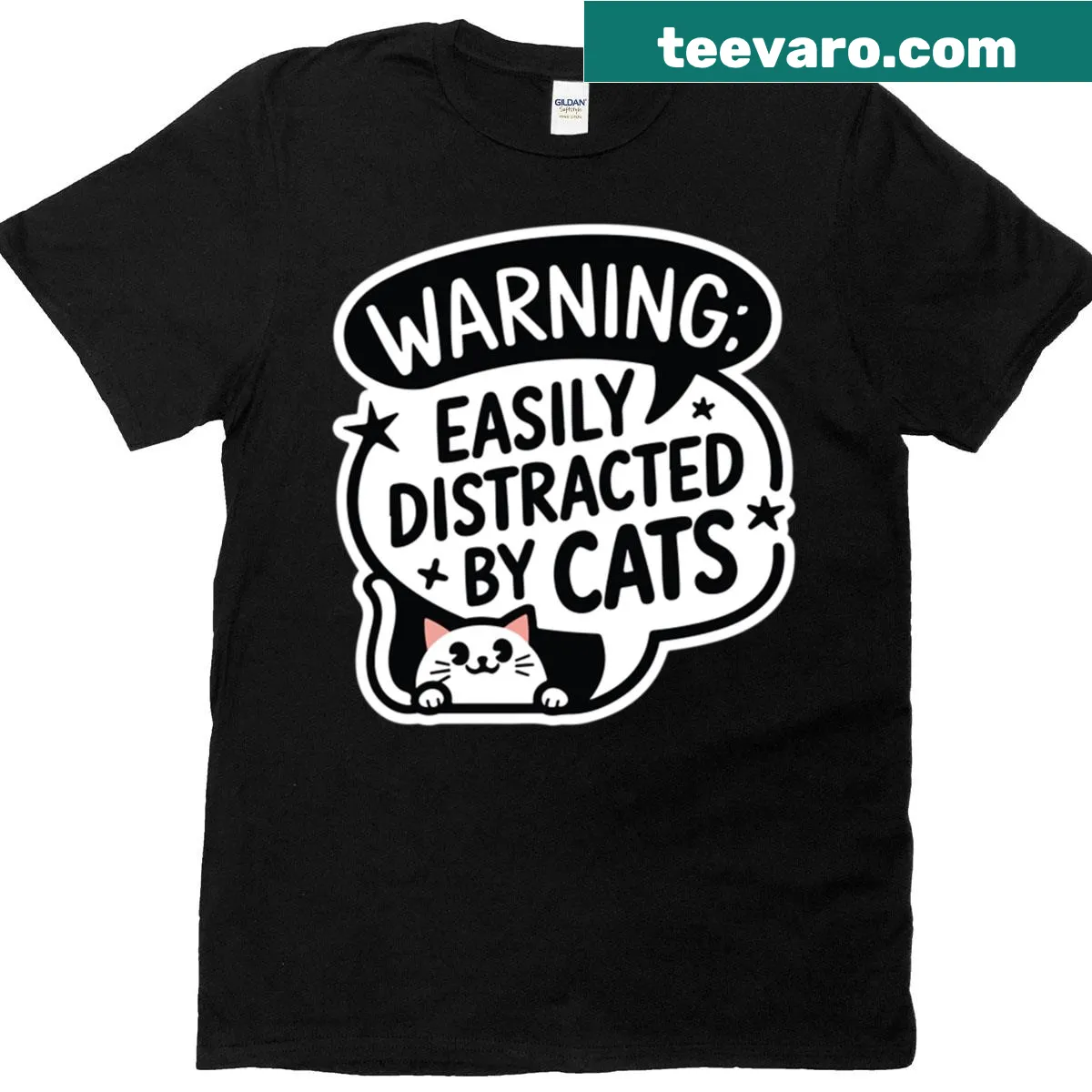 Funny cat lover T-shirt with distraction warning graphic — on a men's t-shirt