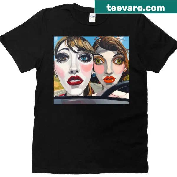 Watercolor design of a funny woman sitting in a car