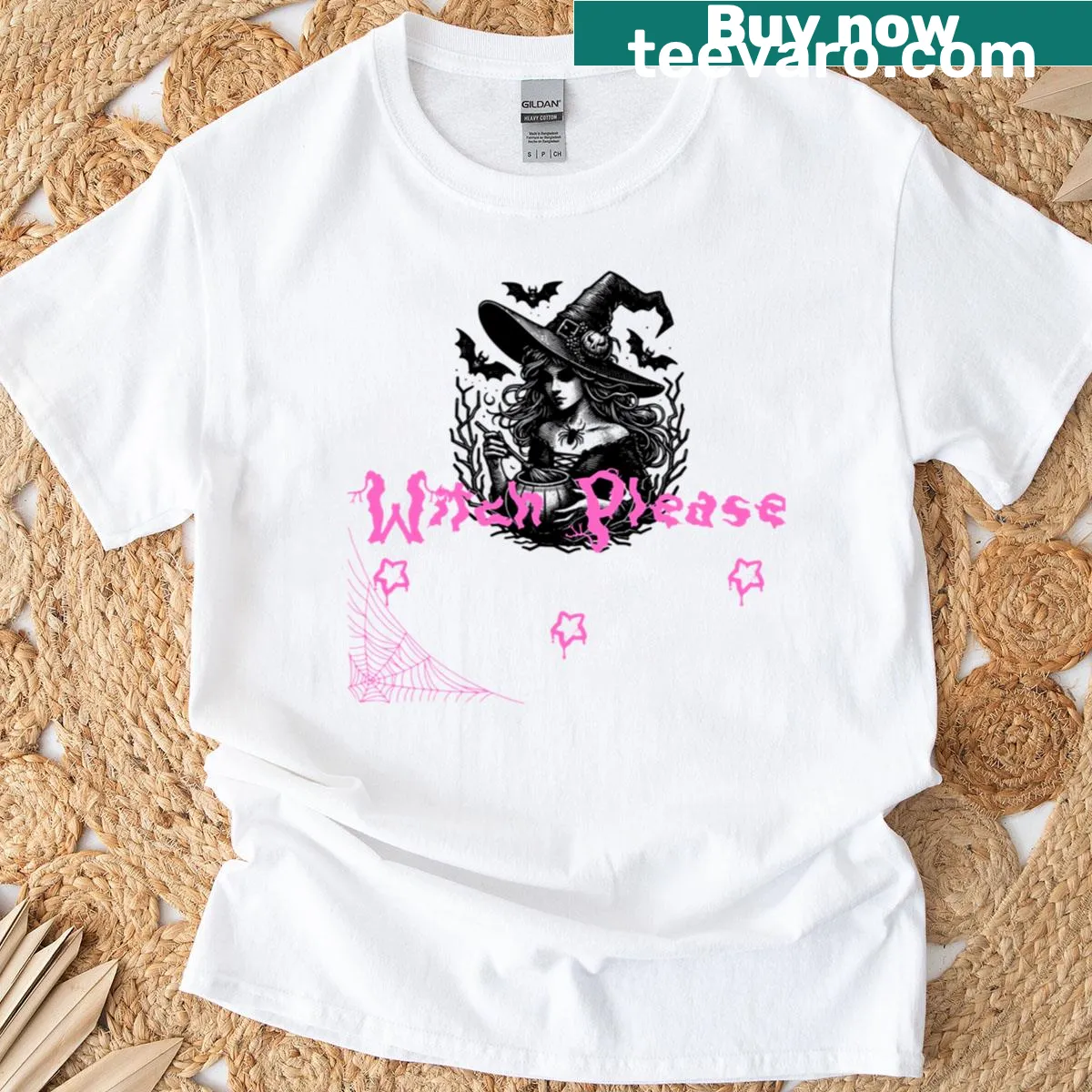 Stylish oversized Witch Please t-shirt with edgy graphic — on a men's t-shirt