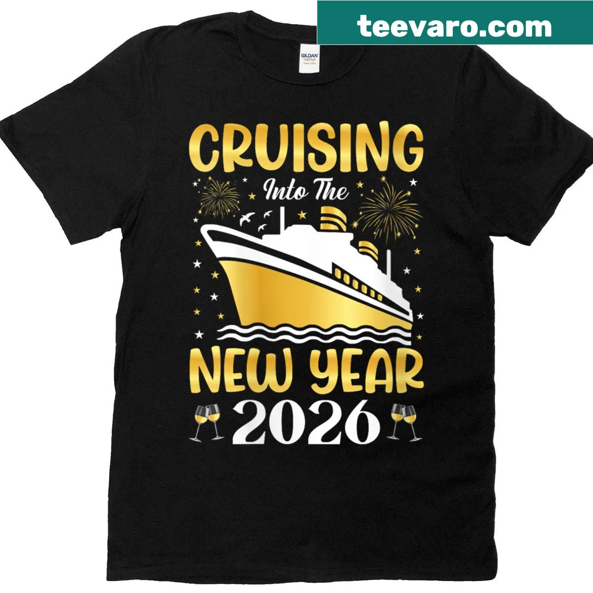 Matching t-shirt for New Year cruise with playful design — on a men's t-shirt