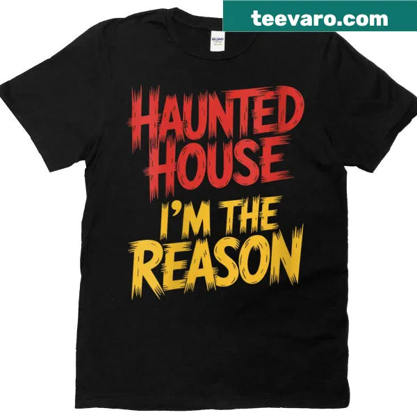 Humorous Halloween t-shirt with haunted house theme