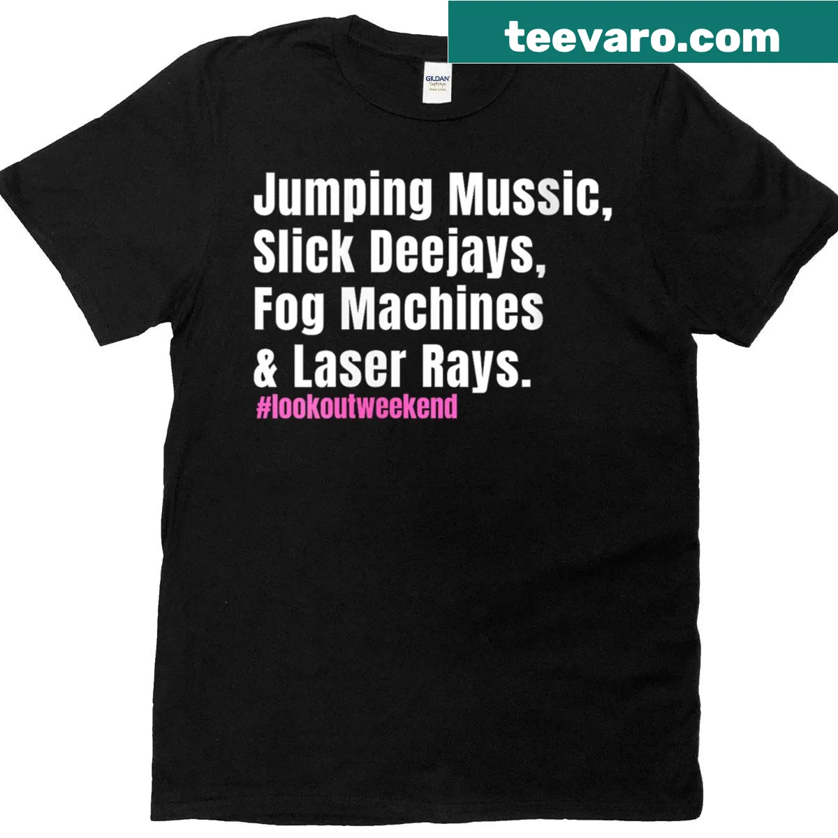 Playful T-shirt featuring fog machines and laser rays illustrations — on a men's t-shirt