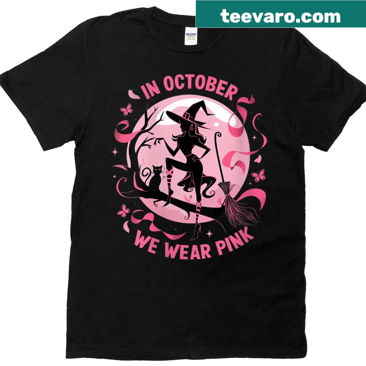 Pink witch illustration for Halloween and breast cancer awareness — on a men's t-shirt
