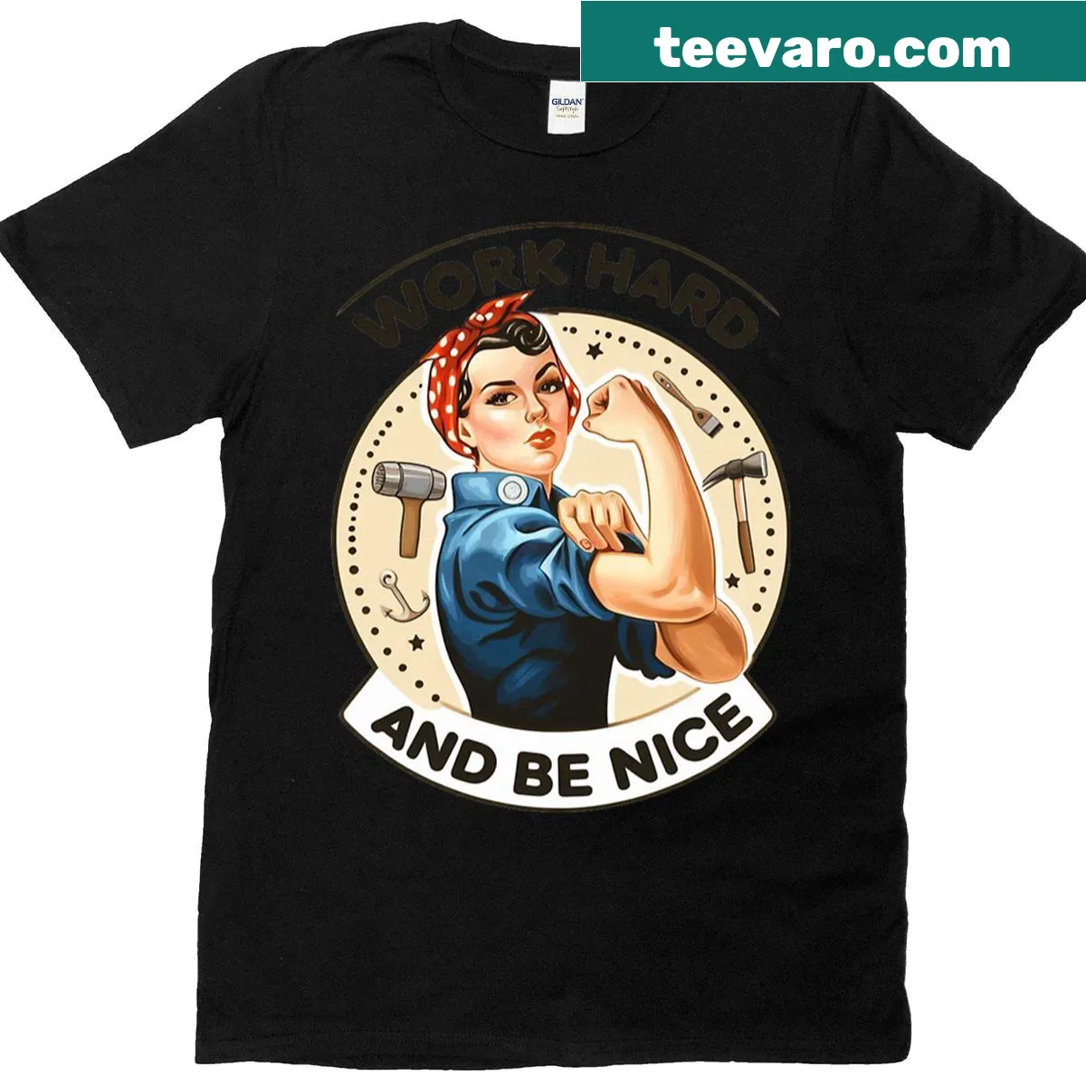 Motivational T-shirt with the phrase 'Work Hard And Be Nice' — on a men's t-shirt