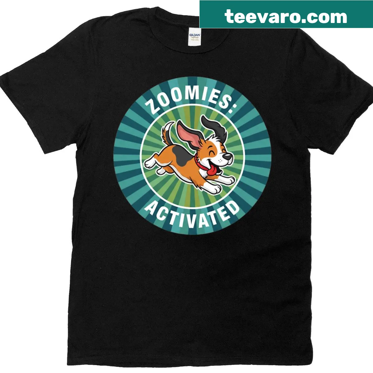 Happy running dog T-shirt with the phrase 'Zoomies Activated' — on a men's t-shirt