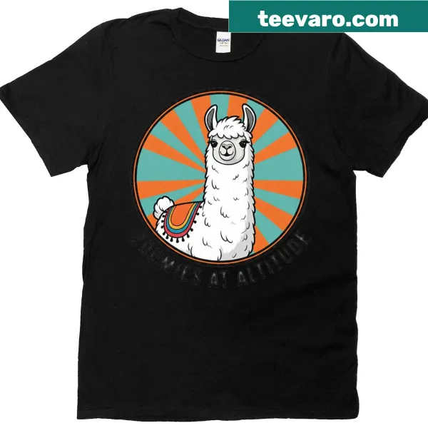 Cartoon T-shirt featuring llamas zooming at altitude
